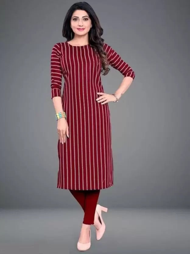 This red crepe striped kurti in size small combines elegant design with comfortable wear. Made from soft, breathable crepe fabric, it offers a smooth drape and a flattering silhouette. The subtle striped pattern adds a contemporary edge, making it ideal for both everyday wear and special occasions. Its tailored fit ensures ease of movement while maintaining a polished look