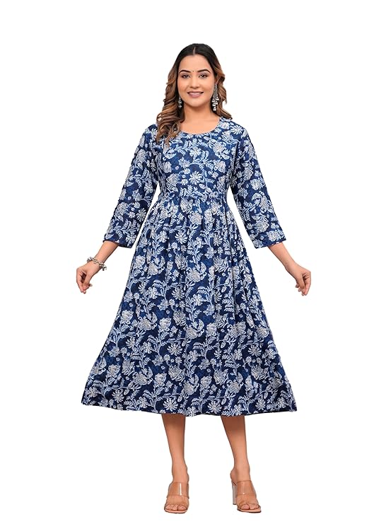 This Anarkali kurti in grey and blue is made from lightweight poly crepe, offering a smooth texture and comfortable wear. Its printed pattern enhances the traditional silhouette, making it suitable for festive and everyday occasions. Designed in size M, it ensures a flattering fit that combines style with ease.