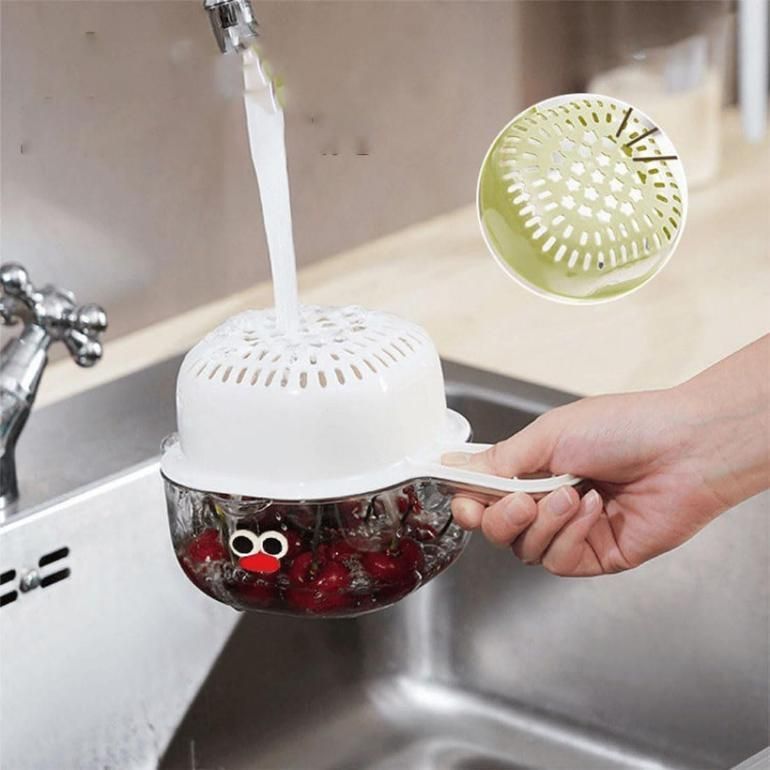 This dual-layer strainer basket is designed for efficient draining of vegetables and fruits. Its two-tier construction allows thorough rinsing and quick water drainage, while the sturdy handle ensures easy handling and stability. Ideal for kitchen professionals and home cooks alike, it streamlines food preparation by combining functionality with durability.