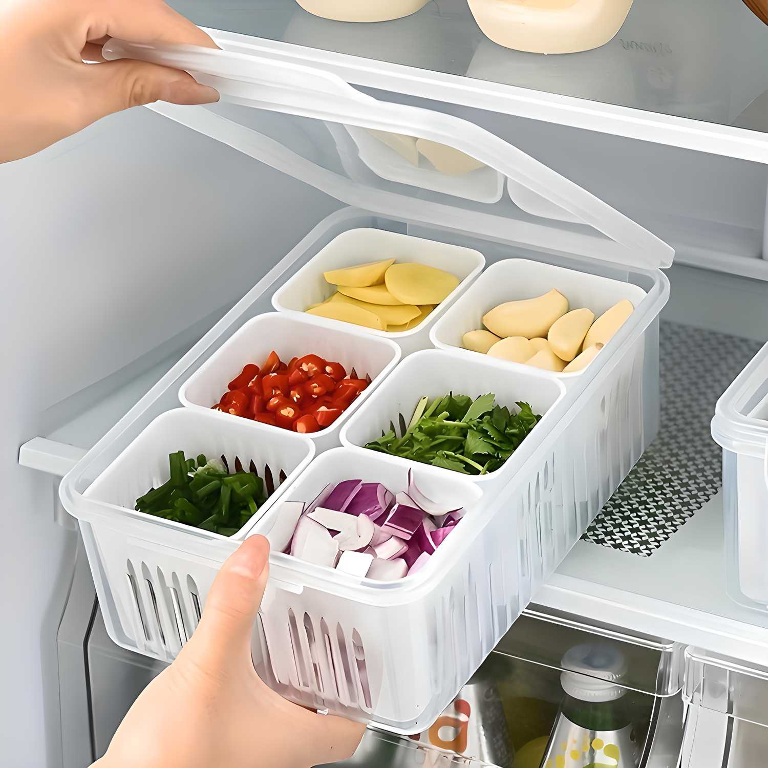 Optimize your fridge organization with the 6 Grid Fridge Storage Boxes Containers. Featuring six separate compartments, these containers allow for systematic storage of different food items, preventing cross-contamination and preserving freshness. Crafted from durable, food-safe materials, they offer reliable protection and easy visibility for quick access. Perfect for maintaining an orderly kitchen, these containers enhance food management and reduce waste.