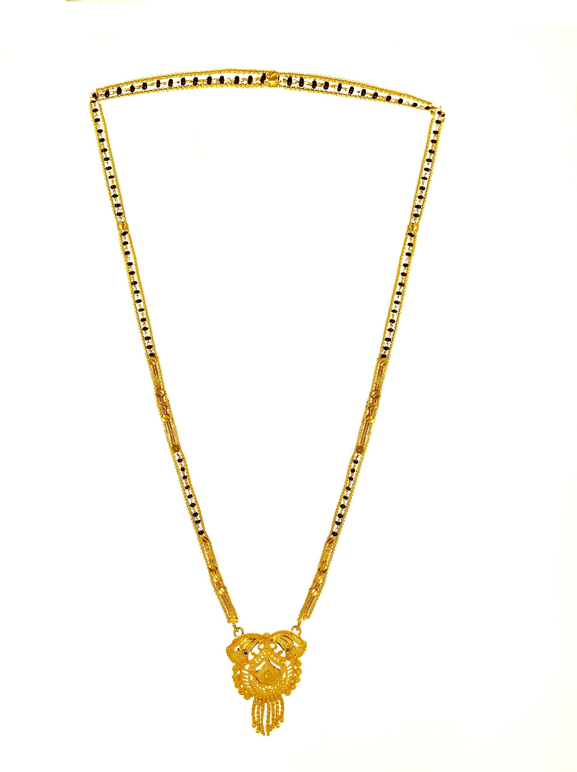 Elevate your traditional attire with our Unique Gold Plated Mangalsutra, meticulously crafted to combine timeless symbolism with contemporary design. This exquisite piece features premium gold plating for lasting brilliance and a distinctive pattern that sets it apart from conventional styles. The balanced weight ensures comfortable all-day wear while maintaining an elegant presence that complements both everyday and special occasion ensembles.