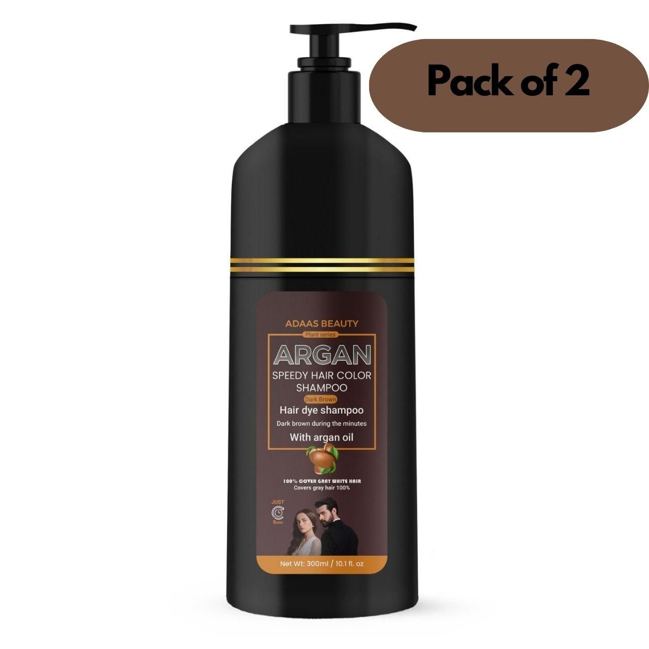 Argan Speedy Hair Color Shampoo combines advanced coloring technology with nourishing argan oil extracts for efficient gray coverage and hair vitality. This economical dual pack provides 1200ml total volume, ensuring extended usage. The innovative formula deposits color while cleansing, eliminating the multi-step traditional coloring process. Professionally developed for consistent, natural-looking results with minimal processing time and maximum hair protection.