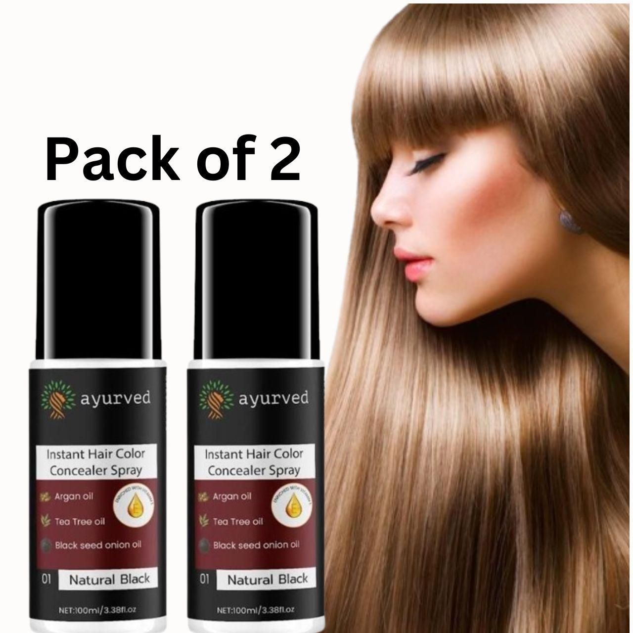Engineered with advanced German technology, the Ayurved 2-in-1 Instant Hair Color Spray combines traditional Ayurvedic principles with modern color science. This dual-action formula provides immediate gray coverage while nourishing hair follicles. The convenient pack of two ensures extended use, delivering professional-quality results without ammonia or harsh chemicals. Ideal for maintaining color between treatments with minimal application time.