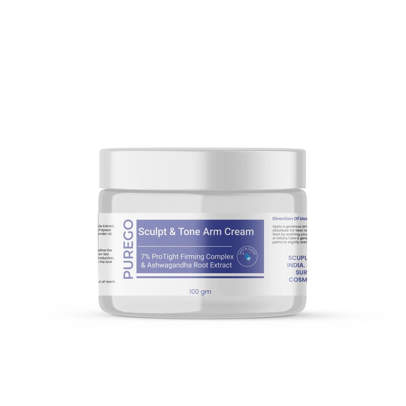 PUREGO Sculpt & Tone Arm Cream features a concentrated formula designed to address upper arm skin concerns. This professional-grade 100g treatment utilizes advanced complexes that target skin laxity and texture. Clinical ingredients work synergistically to enhance dermal structure while providing intensive moisture. Formulated specifically for the unique requirements of arm skin, delivering visible improvement with consistent application.