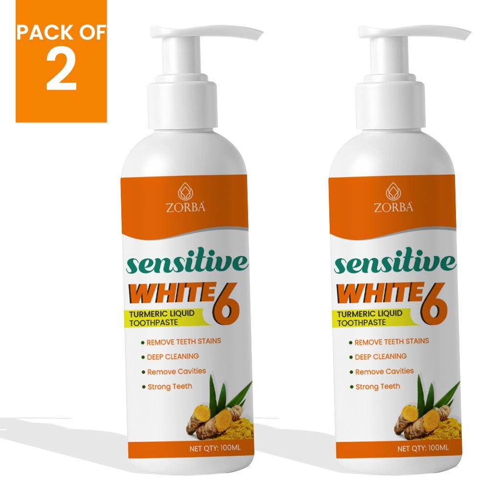 Experience the power of nature with Zorba Sensitive White 6 Turmeric Liquid Toothpaste, specially formulated to give you whiter, stronger, and healthier teeth. Infused with the goodness of turmeric and aloe vera, this unique liquid toothpaste helps remove tough stains, deep cleans your mouth, fights cavities, and strengthens enamel ? all while being gentle on sensitive teeth. Its 6-in-1 action ensures complete oral care by reducing tooth sensitivity, promoting gum health, and providing long-lasting freshnes
