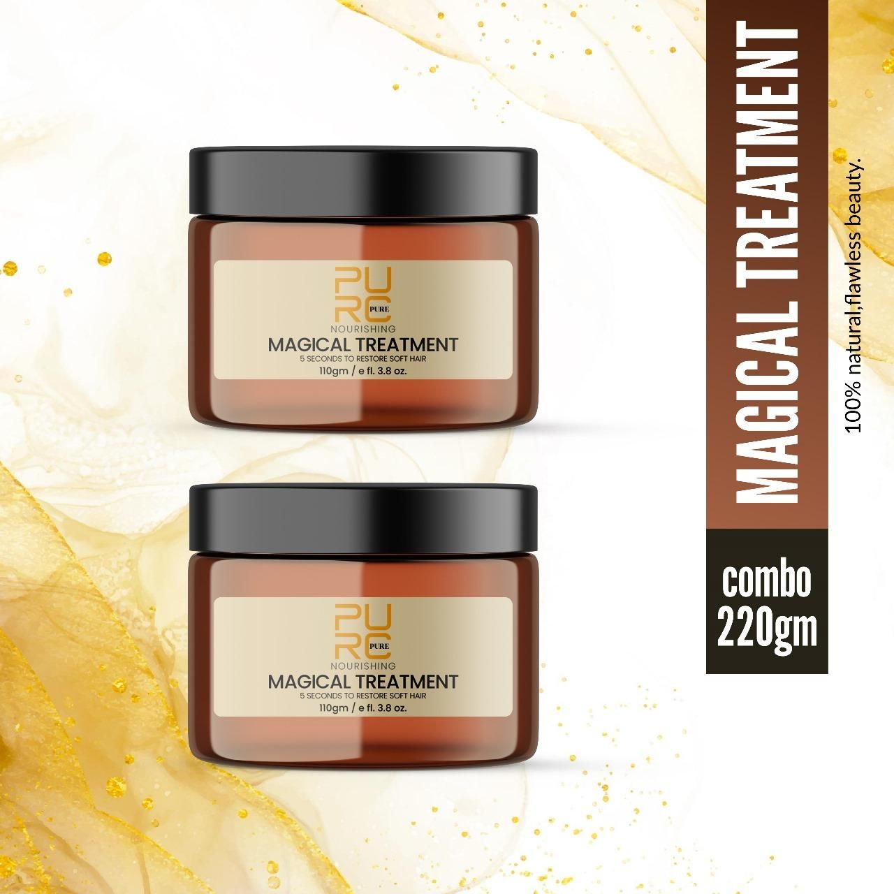 This professional-grade PURE MAGICAL TREATMENT delivers remarkable hair restoration in just 5 seconds. The specialized formula penetrates hair shafts to repair damage and restore natural softness. Each value pack contains two 110gm containers, providing sufficient product for multiple applications. The concentrated treatment addresses dryness, brittleness, and frizz while improving overall hair texture and manageability. Clinically formulated for optimal results across all hair types.