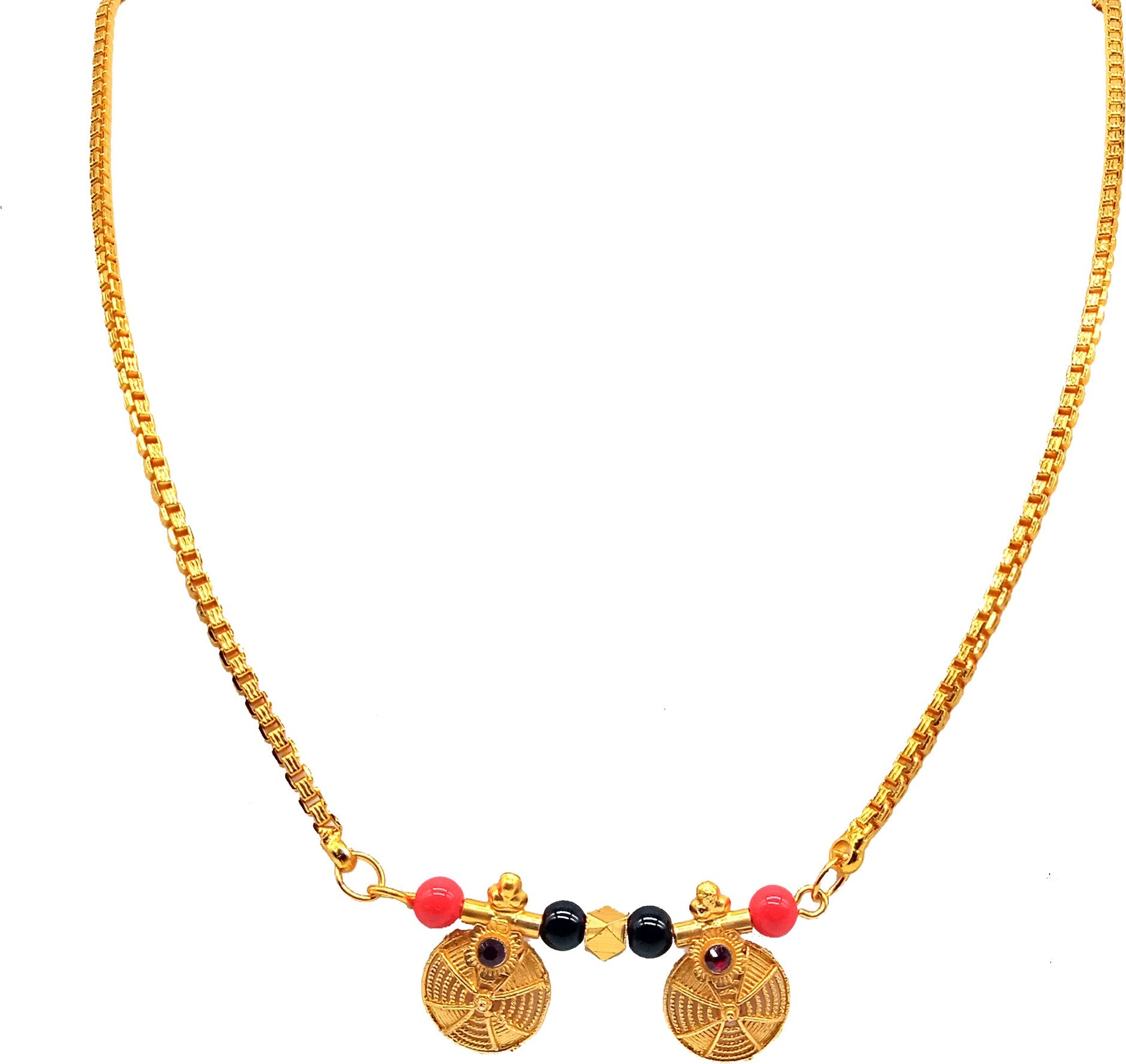 Pretty Gold Plated Mangalsutra
Enhance your traditional look with our Pretty Gold Plated Mangalsutra. Made with exquisite craftsmanship, this piece exudes elegance and adds a touch of glamour to any outfit. With its high-quality gold plating, this mangalsutra is a timeless addition to your jewelry collection. Perfect for any occasion, it's a must-have for all jewelry lovers.