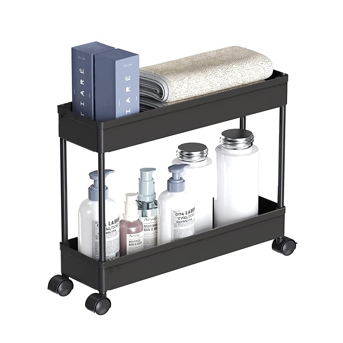 This 2-tier multipurpose storage organizer combines functionality with space efficiency. Constructed from durable plastic with a slim profile, it easily slides into tight spaces between appliances or furniture. The wheeled design allows for effortless mobility, while two storage levels maximize vertical organization. Perfect for kitchens, bathrooms, or laundry areas where accessible storage and space optimization are essential.