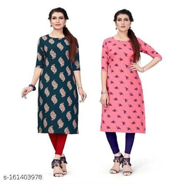 This set includes two crepe kurtis in vibrant green and pink shades, designed for women seeking both style and comfort. Made from breathable crepe fabric, each kurti features intricate prints that add a refined touch to your ethnic wardrobe. Sized small, these kurtis offer a tailored fit suitable for various occasions, blending traditional aesthetics with contemporary ease. Perfect for those who appreciate quality and versatility in their daily wear.