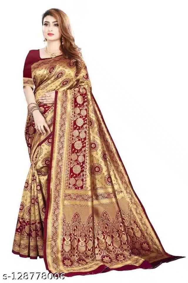 This exquisite Jacquard saree in golden and dark red hues spans 6.3 meters, showcasing intricate weaving that highlights its rich texture and durability. Paired with a matching blouse, it offers a refined and elegant look suitable for special occasions, combining traditional craftsmanship with contemporary style.