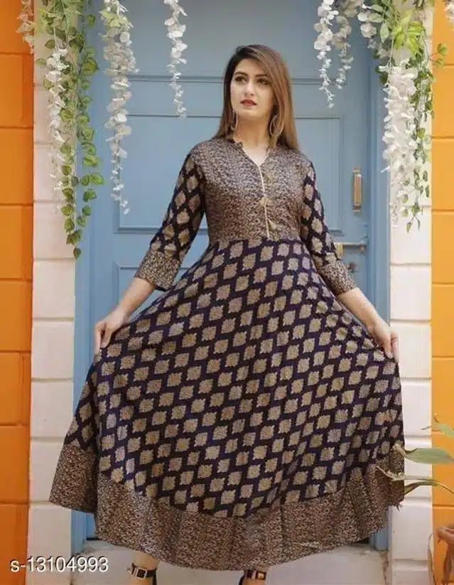 This navy blue Anarkali kurti is crafted from lightweight rayon fabric, offering a comfortable and breathable wear experience. Its elegant printed design enhances the traditional silhouette, making it suitable for both casual outings and festive occasions. Designed in size S, it provides a flattering fit that combines style with ease of movement, perfect for women who appreciate classic ethnic fashion with modern comfort.