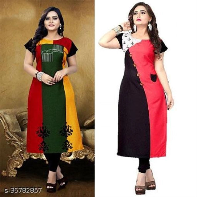 This set includes two medium-sized women's kurtis crafted from soft crepe fabric, featuring elegant prints in green and pink. Designed for comfort and style, these kurtis offer breathable wear and a flattering fit, suitable for both casual and semi-formal occasions. The vibrant colors and quality material ensure lasting appeal and ease of maintenance. Ideal for enhancing your ethnic wardrobe with versatile, everyday wear options.