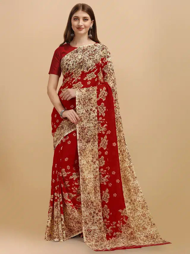 This elegant Georgette Printed Saree in red and beige offers a graceful drape and lightweight comfort, perfect for all-day wear. Measuring 5.95 meters, it provides ample fabric for versatile styling. The breathable Georgette material ensures ease of movement while the intricate print adds a refined touch, making it suitable for both casual and festive occasions. Ideal for women seeking a blend of tradition and contemporary style.