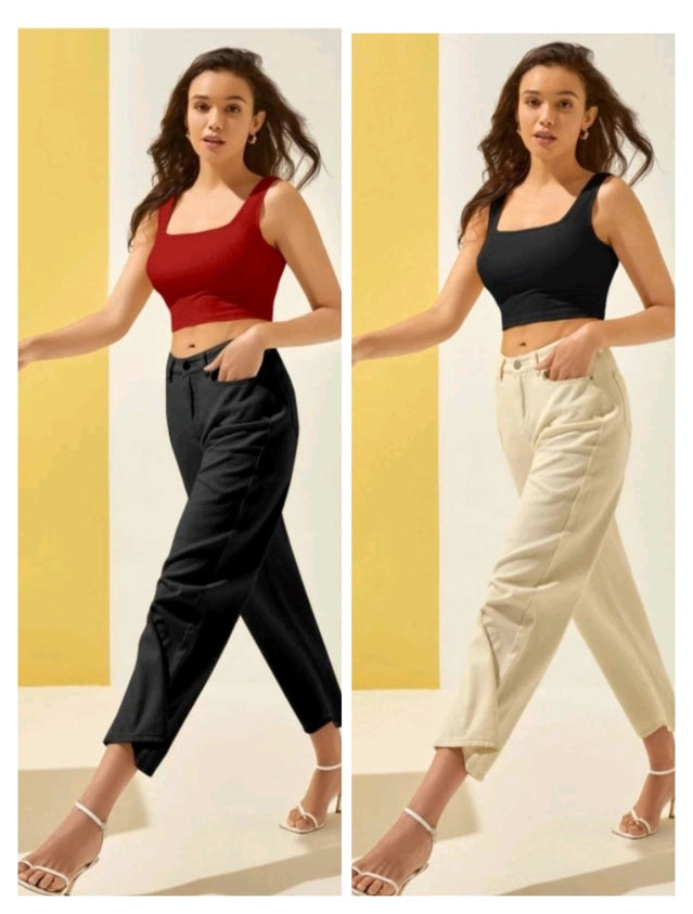 This pack of two women's solid tops in maroon and black combines comfort and style through a breathable cotton blend fabric. Sized small, these tops offer a tailored fit ideal for layering or standalone wear. Their simple design ensures versatility for various occasions, while the quality material supports durability and ease of care.