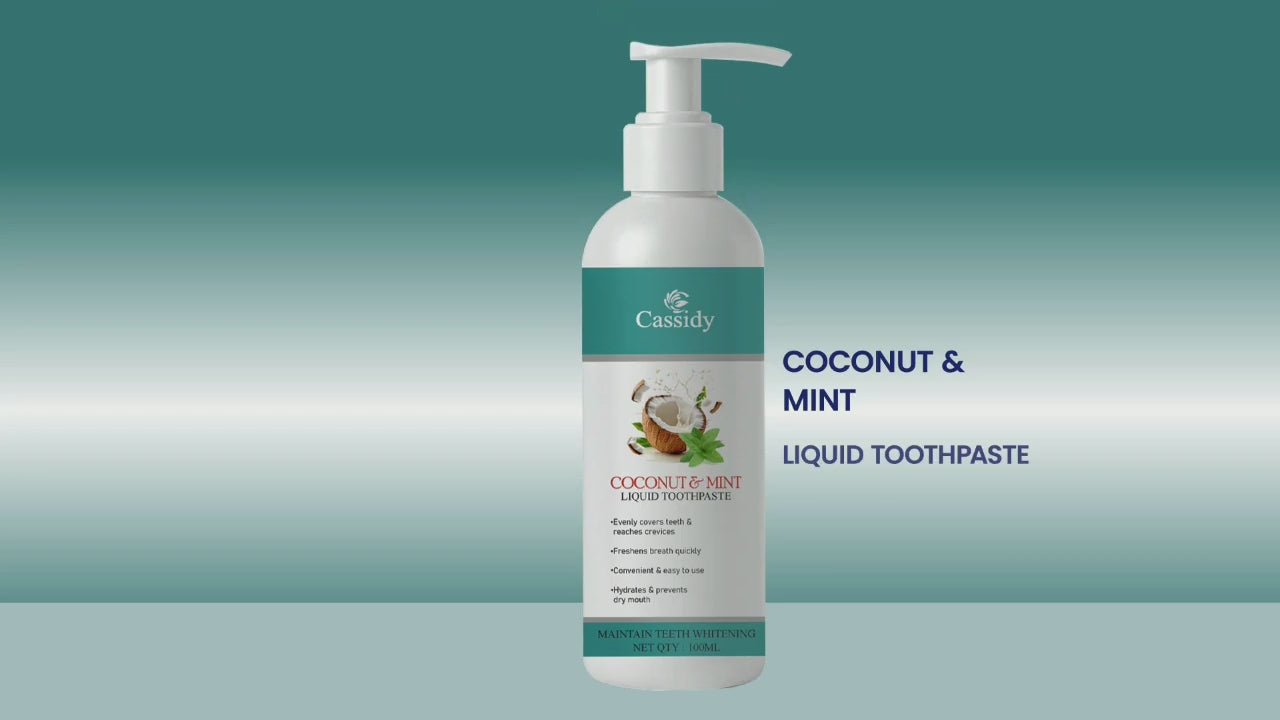 Cassidy Coconut & Mint Liquid Toothpaste is a refreshing blend designed to give you a brighter smile and long-lasting fresh breath. Infused with natural coconut and mint extracts, this liquid toothpaste evenly covers teeth and reaches deep crevices for thorough cleaning. Its hydrating formula helps prevent dry mouth, while the powerful ingredients support teeth whitening and freshen breath quickly. Convenient and easy to use, Cassidy Coconut & Mint Liquid Toothpaste is the perfect daily solution for