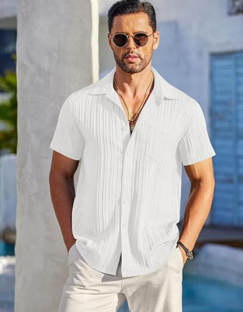 Crafted with textured popcorn fabric, this white half-sleeve shirt offers sophisticated breathability for the modern man. The versatile design transitions seamlessly from casual to semi-formal settings, while the available sizes (M, L, XL) ensure a tailored fit. Ideal for warm weather with its lightweight construction and distinctive texture that elevates your everyday wardrobe.