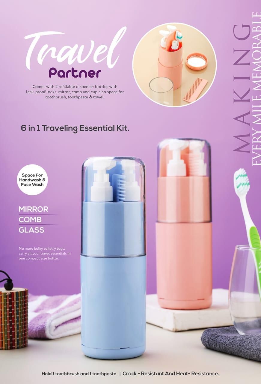 This comprehensive 6-in-1 Travel Kit revolutionizes personal hygiene on the go with its intelligent design. The portable case features dedicated compartments for your toothbrush and toothpaste, plus double leak-proof dispensers for shampoo and shower gel. Expertly engineered with additional space for a towel, integrated mirror, and comb, this blue travel companion ensures complete organization while minimizing luggage space. The secure closure system prevents leakage, making it ideal for frequent travelers 