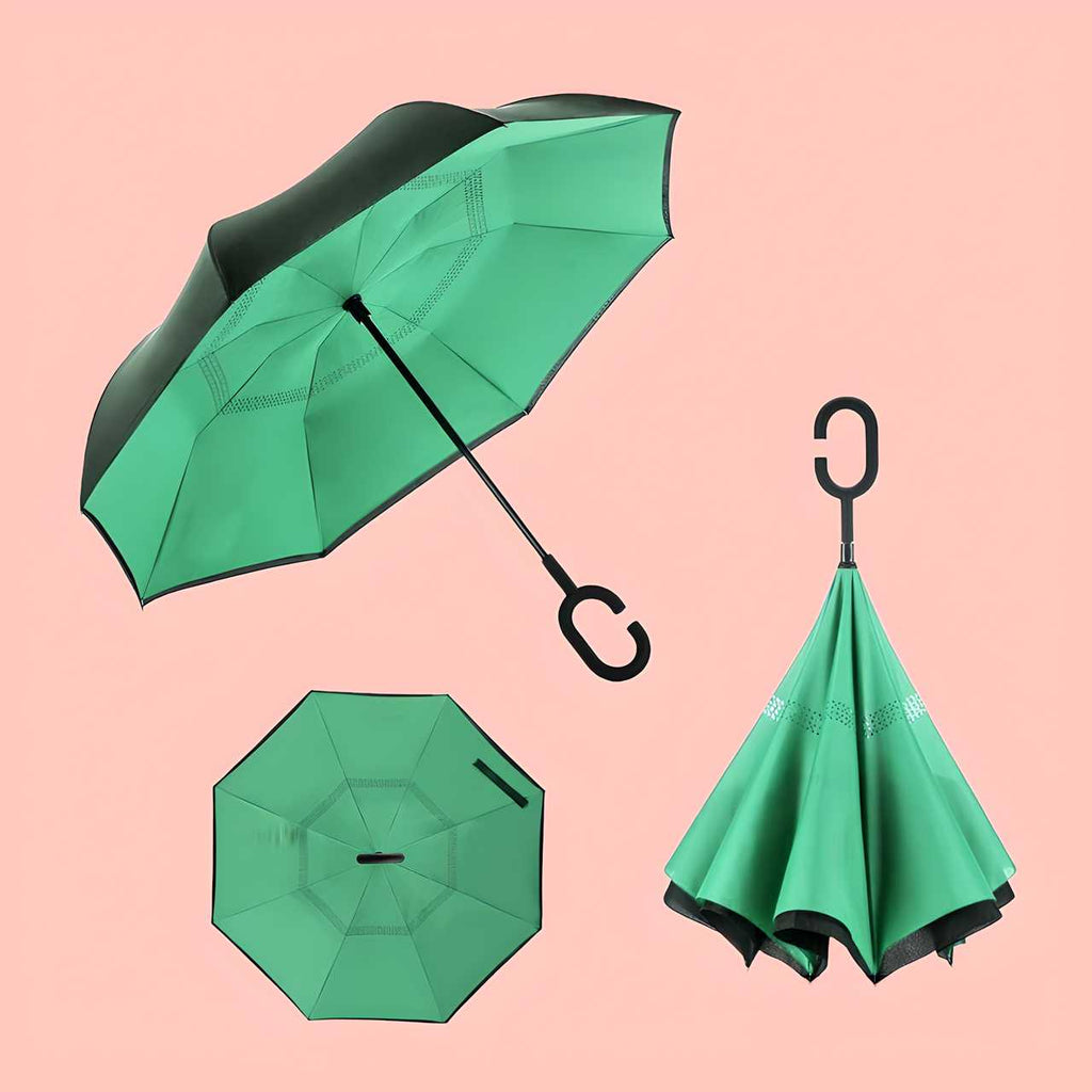 The Double Layer Inverted Reversible Umbrella features a unique design that folds inward, preventing water from dripping when closed. Its double-layer construction enhances durability and wind resistance, while the reversible mechanism allows easy entry and exit from vehicles or doorways without getting wet. The multicolor pattern adds a stylish touch, making it both functional and visually appealing for everyday use. Ideal for those seeking reliable protection and convenience in unpredictable weather.