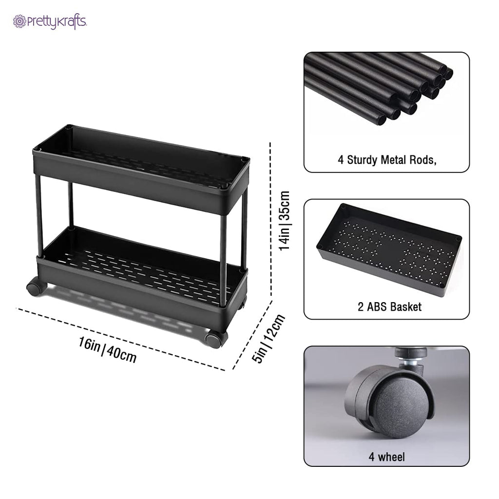 This 2-tier multipurpose storage organizer combines functionality with space efficiency. Constructed from durable plastic with a slim profile, it easily slides into tight spaces between appliances or furniture. The wheeled design allows for effortless mobility, while two storage levels maximize vertical organization. Perfect for kitchens, bathrooms, or laundry areas where accessible storage and space optimization are essential.