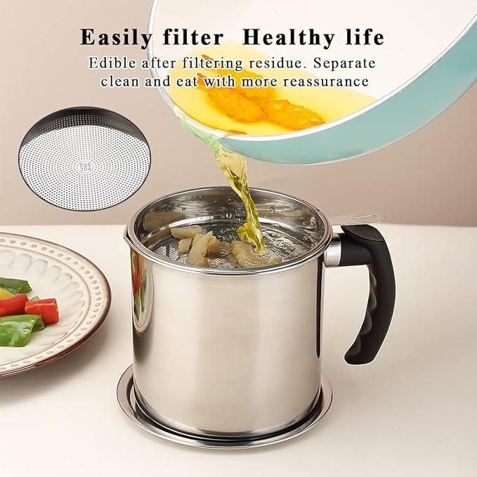 This convenient stainless steel oil pot combines durability with functionality for your everyday cooking needs. The integrated filter removes food particles while pouring, ensuring clean oil every time. The tight-fitting lid prevents contamination and oxidation, extending the life of your cooking oils. A practical addition to any kitchen that helps reduce mess and waste.
