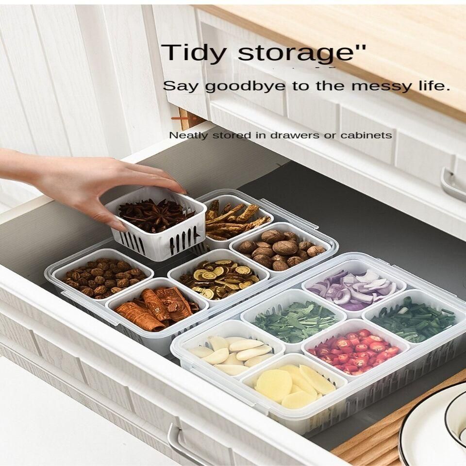 Optimize your fridge organization with the 6 Grid Fridge Storage Boxes Containers. Featuring six separate compartments, these containers allow for systematic storage of different food items, preventing cross-contamination and preserving freshness. Crafted from durable, food-safe materials, they offer reliable protection and easy visibility for quick access. Perfect for maintaining an orderly kitchen, these containers enhance food management and reduce waste.