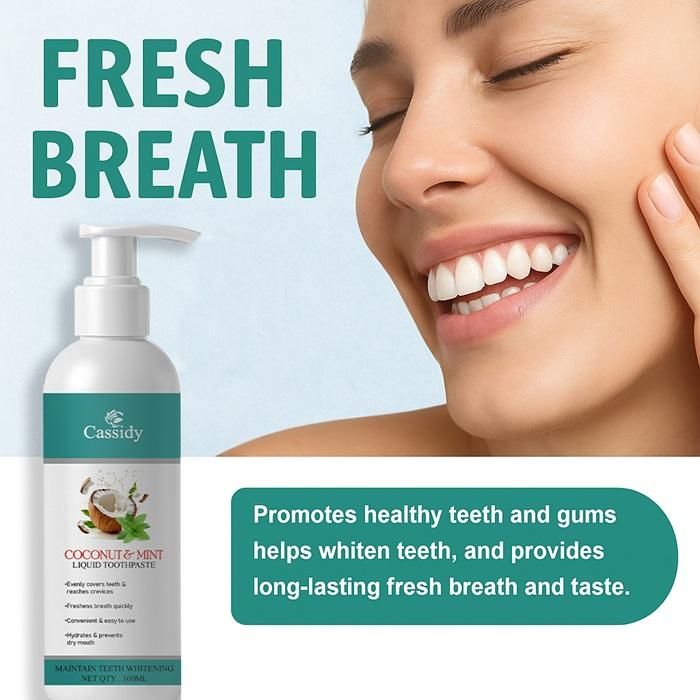 Cassidy Coconut &amp; Mint Liquid Toothpaste is a refreshing blend designed to give you a brighter smile and long-lasting fresh breath. Infused with natural coconut and mint extracts, this liquid toothpaste evenly covers teeth and reaches deep crevices for thorough cleaning. Its hydrating formula helps prevent dry mouth, while the powerful ingredients support teeth whitening and freshen breath quickly. Convenient and easy to use, Cassidy Coconut &amp; Mint Liquid Toothpaste is the perfect daily solution for