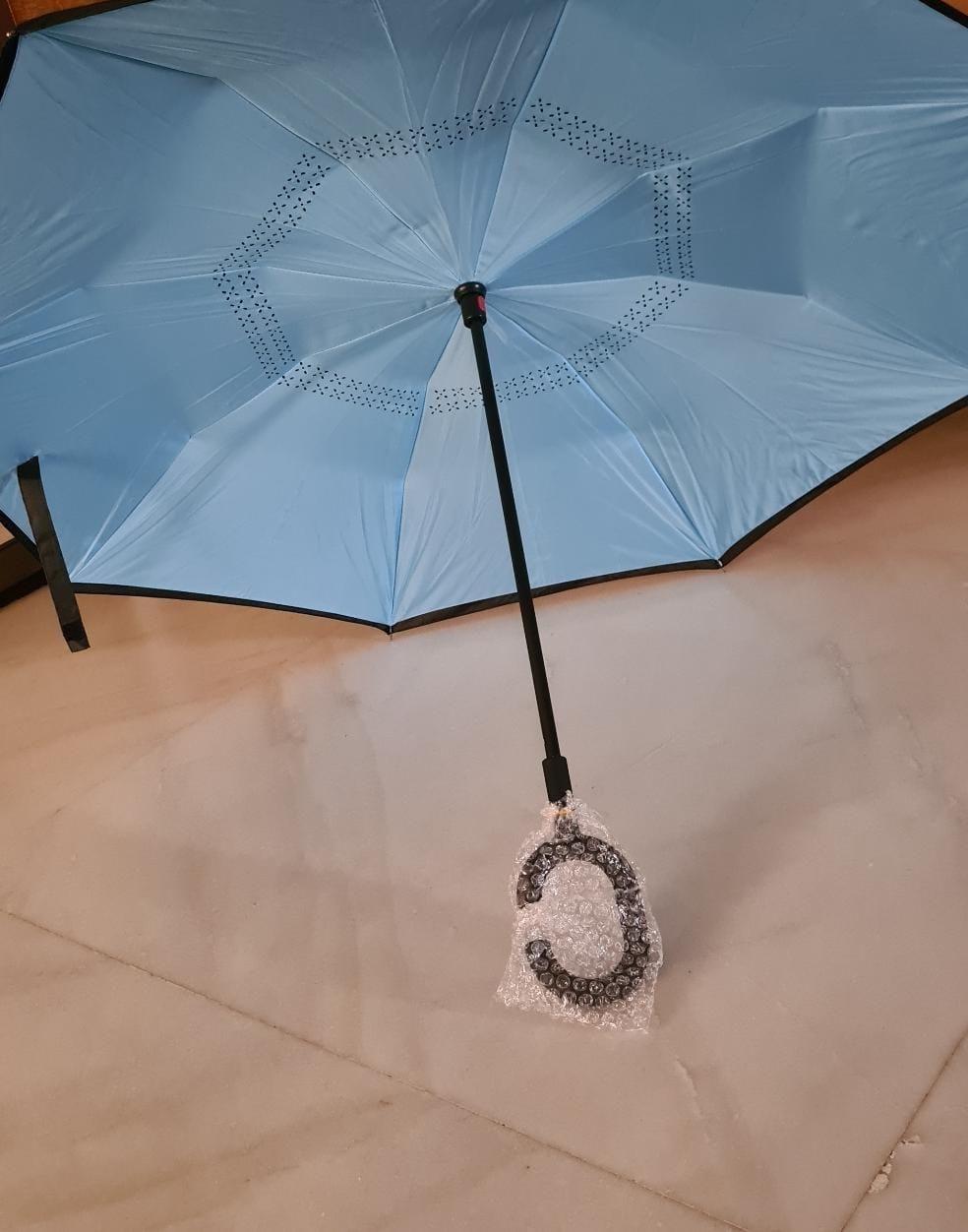 The Double Layer Inverted Reversible Umbrella features a unique design that folds inward, preventing water from dripping when closed. Its double-layer construction enhances durability and wind resistance, while the reversible mechanism allows easy entry and exit from vehicles or doorways without getting wet. The multicolor pattern adds a stylish touch, making it both functional and visually appealing for everyday use. Ideal for those seeking reliable protection and convenience in unpredictable weather.