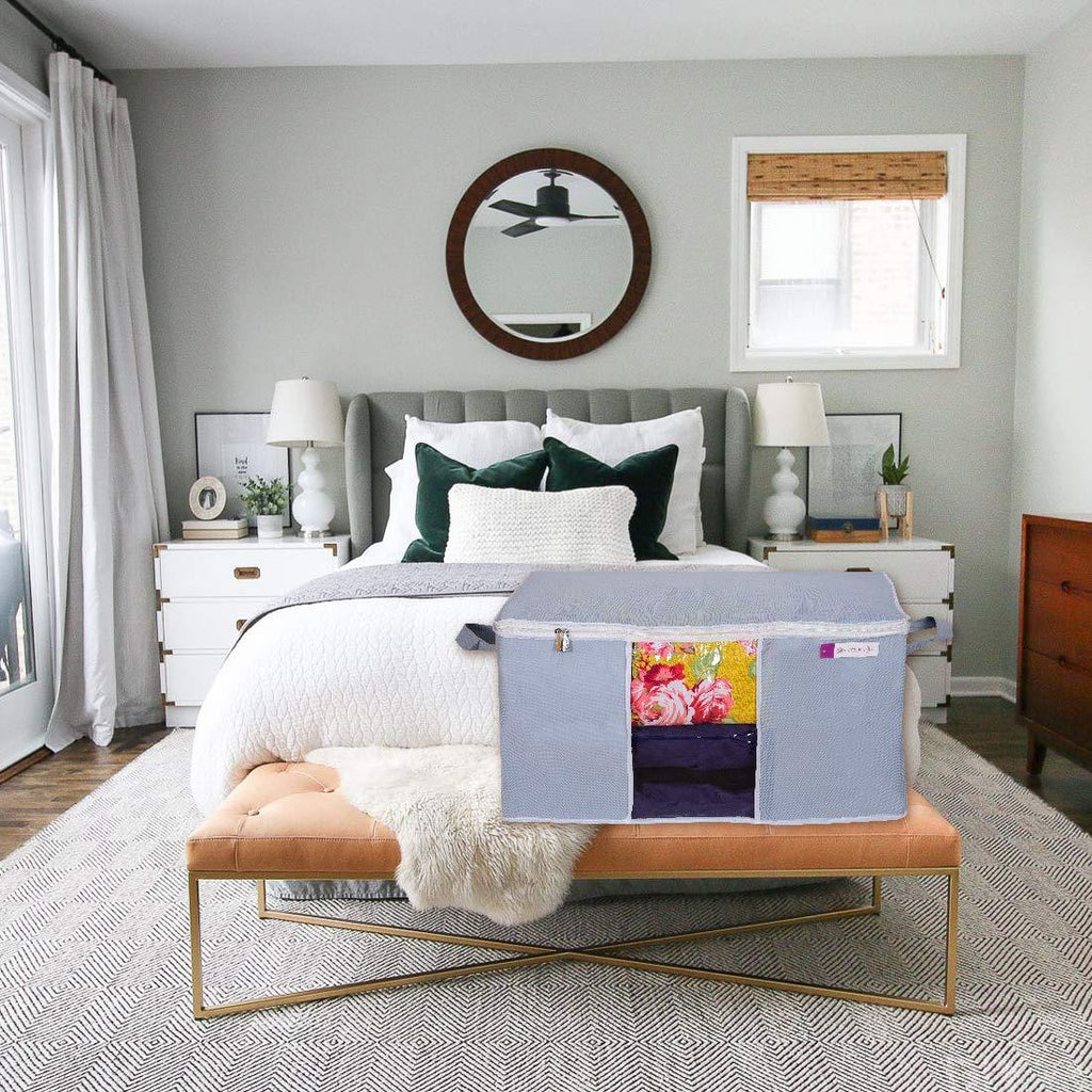 Maximize your storage space with these professional-grade underbed blanket storage bags. This set of 2 features reinforced handles for convenient access and transportation. Designed to utilize the often-wasted space beneath beds, these protective covers shield blankets and bedding from dust, moisture, and insects. The low-profile construction ensures optimal use of underbed clearance while maintaining the integrity of stored items.