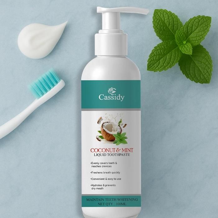 Cassidy Coconut &amp; Mint Liquid Toothpaste is a refreshing blend designed to give you a brighter smile and long-lasting fresh breath. Infused with natural coconut and mint extracts, this liquid toothpaste evenly covers teeth and reaches deep crevices for thorough cleaning. Its hydrating formula helps prevent dry mouth, while the powerful ingredients support teeth whitening and freshen breath quickly. Convenient and easy to use, Cassidy Coconut &amp; Mint Liquid Toothpaste is the perfect daily solution for