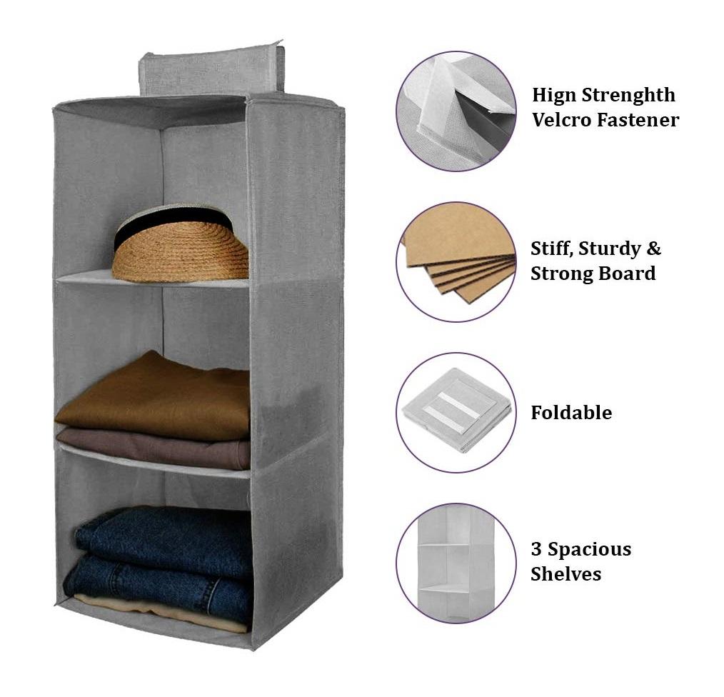 Maximize your closet space with our 3-Shelf Hanging Wardrobe Organizer. Crafted from durable non-woven fabric, this storage solution installs in seconds and provides instant organization for clothing, accessories, and household items. The reinforced shelves maintain their shape even when fully loaded, while the sleek design complements any closet system. Perfect for apartments, dorms, or anywhere storage space is at a premium.