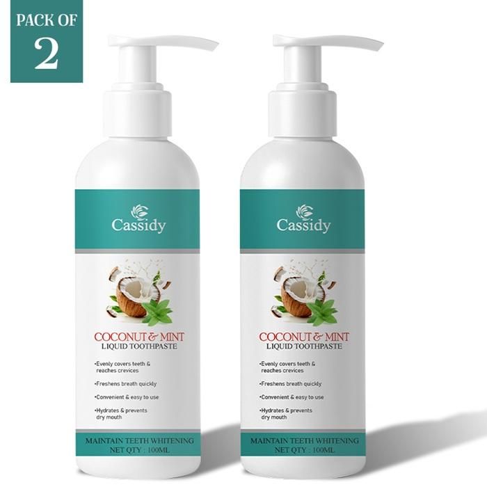 Cassidy Coconut &amp; Mint Liquid Toothpaste is a refreshing blend designed to give you a brighter smile and long-lasting fresh breath. Infused with natural coconut and mint extracts, this liquid toothpaste evenly covers teeth and reaches deep crevices for thorough cleaning. Its hydrating formula helps prevent dry mouth, while the powerful ingredients support teeth whitening and freshen breath quickly. Convenient and easy to use, Cassidy Coconut &amp; Mint Liquid Toothpaste is the perfect daily solution for
