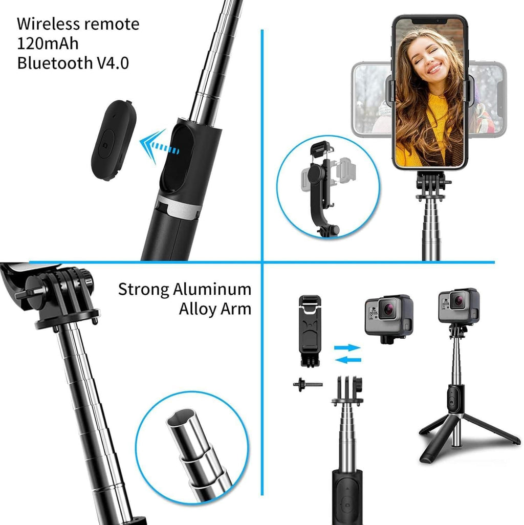 The Extendable Flash 3-in-1 Selfie Stick Tripod with Bluetooth Remote offers a professional-grade solution for versatile photography and videography. Combining a selfie stick, tripod, and flash mount, it provides stable support and optimal lighting for your shots. Its extendable design allows precise adjustment of length and angle, accommodating various shooting scenarios. The included Bluetooth remote enables effortless, wireless shutter control, enhancing convenience during solo or group captures.