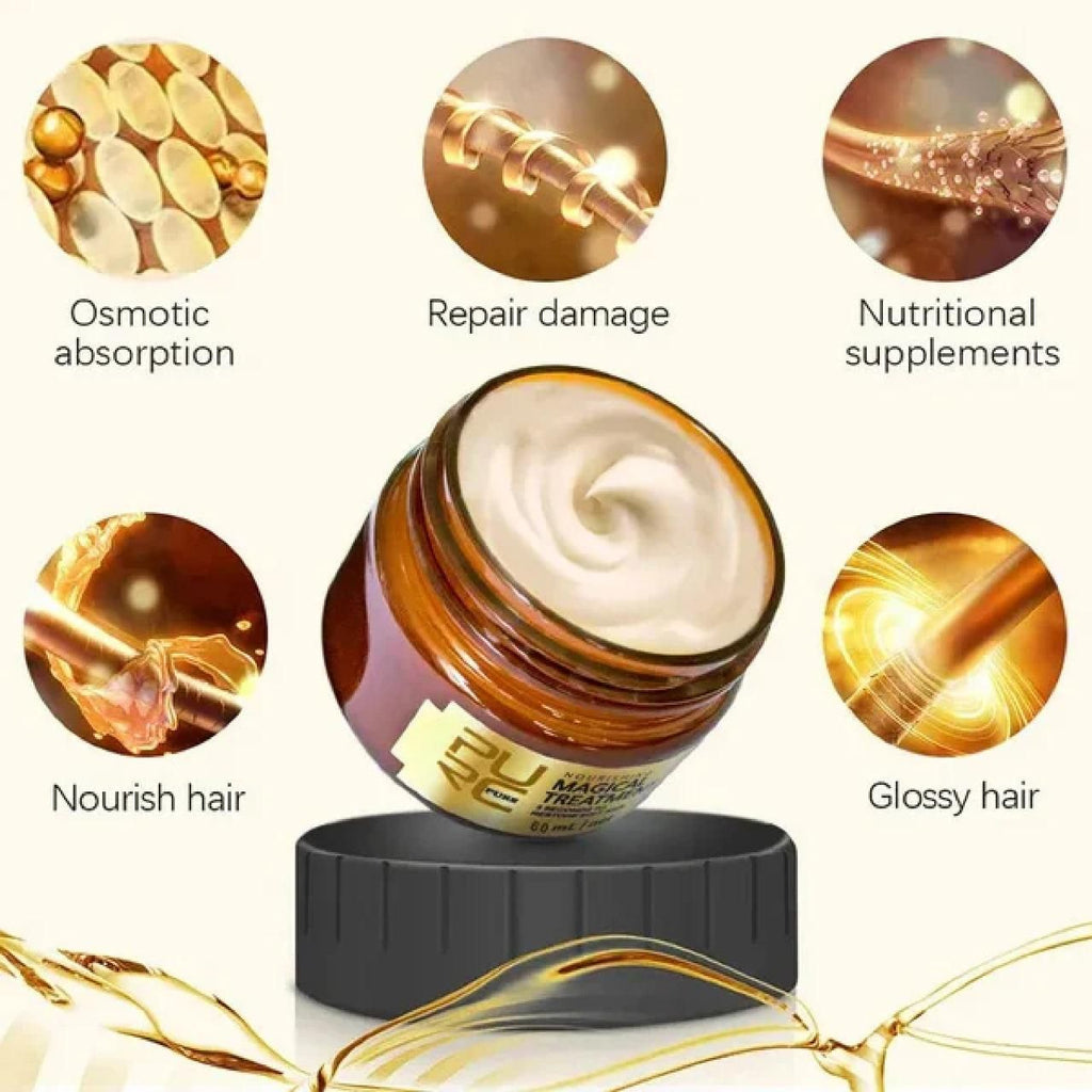 This professional-grade PURE MAGICAL TREATMENT delivers remarkable hair restoration in just 5 seconds. The specialized formula penetrates hair shafts to repair damage and restore natural softness. Each value pack contains two 110gm containers, providing sufficient product for multiple applications. The concentrated treatment addresses dryness, brittleness, and frizz while improving overall hair texture and manageability. Clinically formulated for optimal results across all hair types.