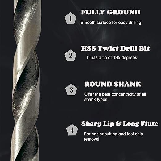 This precision-engineered 13-piece drill bit set provides versatile performance for professional and DIY applications. Constructed from heat-treated steel with optimized cutting geometries, these bits deliver clean, accurate holes in wood, metal, and plastic. The graduated size range ensures comprehensive coverage for common fastening needs, while the specialized flute design efficiently removes debris during operation. Housed in a durable case for organized storage and transport between job sites.