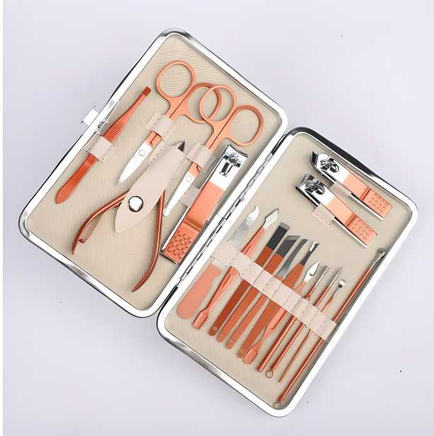 Professional-grade Manicure/Pedicure Nail Tool Set featuring precision-engineered stainless steel instruments for comprehensive nail maintenance. Each specialized tool addresses specific aspects of nail care, from cuticle management to precise shaping and buffing. The surgical-grade materials ensure optimal hygiene standards while providing exceptional durability and performance for both professional technicians and discerning home users.