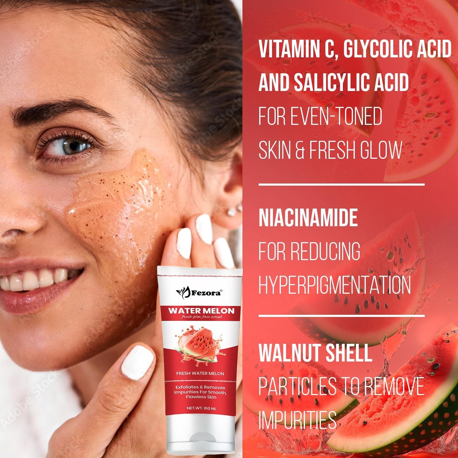 Fezora Watermelon Fresh Glow Face Scrub delivers professional exfoliation with natural watermelon extracts. This dual pack provides 400 ML of refreshing formula that removes impurities, unclogs pores, and reveals radiant skin. Regular use helps maintain skin clarity while balancing moisture levels for a healthy complexion.