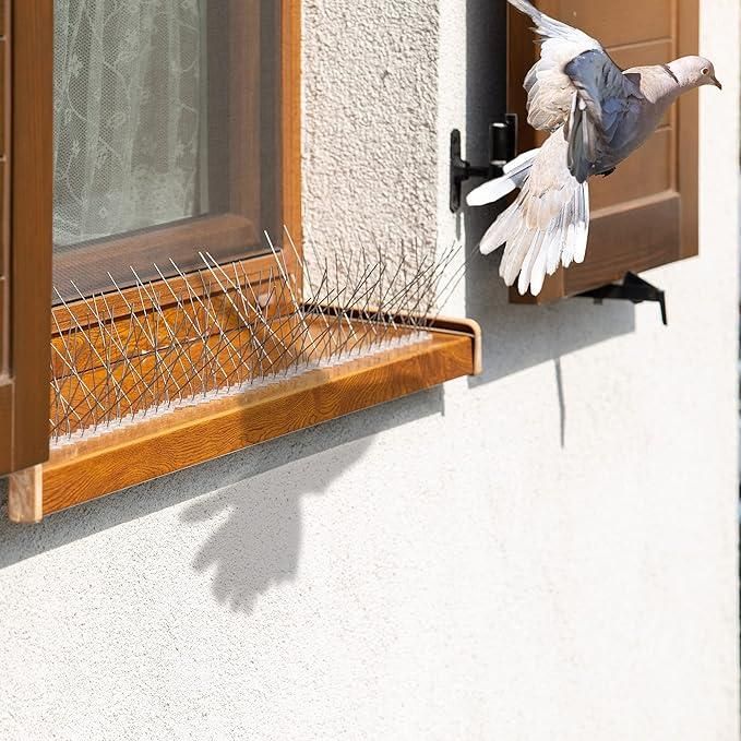 Professional-grade bird deterrent system featuring 10 interlocking polycarbonate spike strips. Designed with precise spacing to prevent nesting and perching without causing harm to birds. UV-resistant construction ensures longevity in all weather conditions. Ideal for ledges, signs, and architectural features where bird activity causes damage and unsanitary conditions. Includes mounting hardware for versatile installation options.
