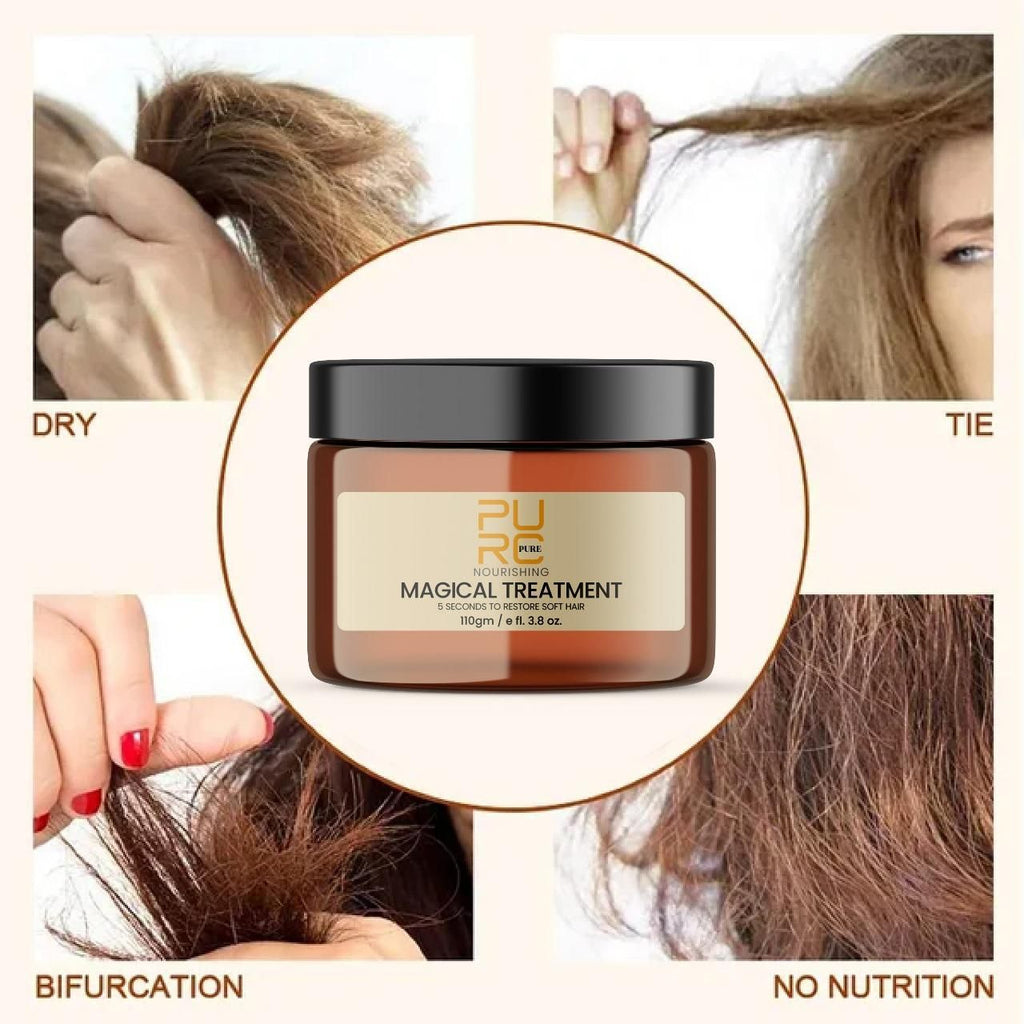 This professional-grade PURE MAGICAL TREATMENT delivers remarkable hair restoration in just 5 seconds. The specialized formula penetrates hair shafts to repair damage and restore natural softness. Each value pack contains two 110gm containers, providing sufficient product for multiple applications. The concentrated treatment addresses dryness, brittleness, and frizz while improving overall hair texture and manageability. Clinically formulated for optimal results across all hair types.