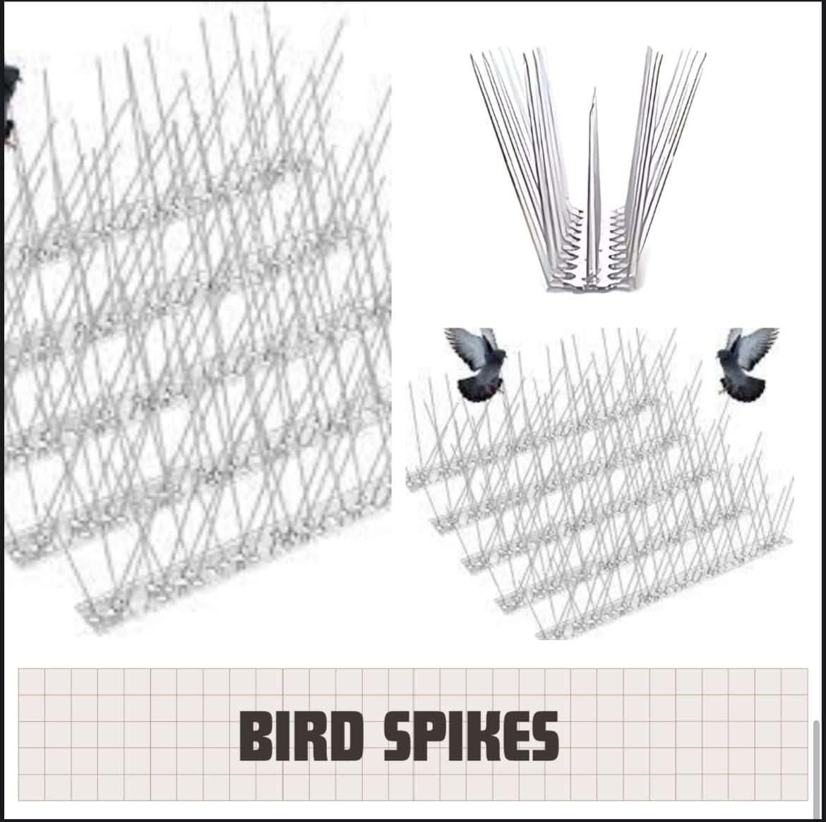 Professional-grade bird deterrent system featuring 10 interlocking polycarbonate spike strips. Designed with precise spacing to prevent nesting and perching without causing harm to birds. UV-resistant construction ensures longevity in all weather conditions. Ideal for ledges, signs, and architectural features where bird activity causes damage and unsanitary conditions. Includes mounting hardware for versatile installation options.
