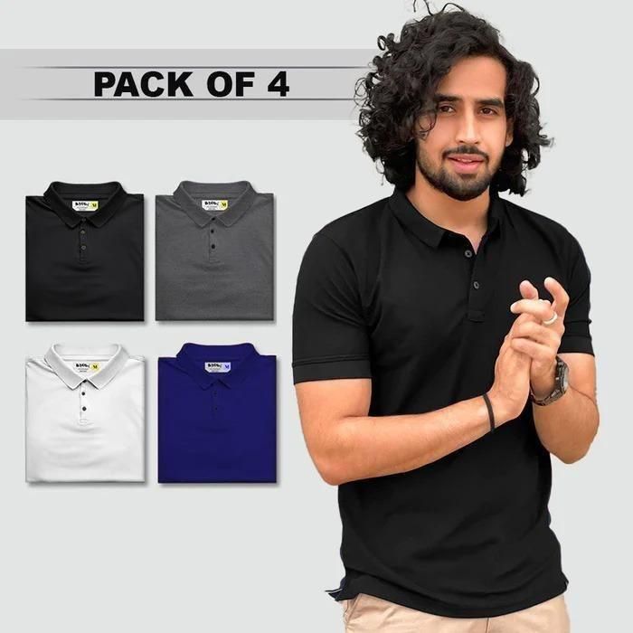 This pack of four Poly Matte Solid Half Sleeves Mens Polo T-Shirts is perfect for any man looking for both style and comfort. Made with a unique poly matte fabric, these shirts provide a sleek and modern look while also offering breathability and moisture-wicking properties. Upgrade your wardrobe with these versatile and practical polo shirts.