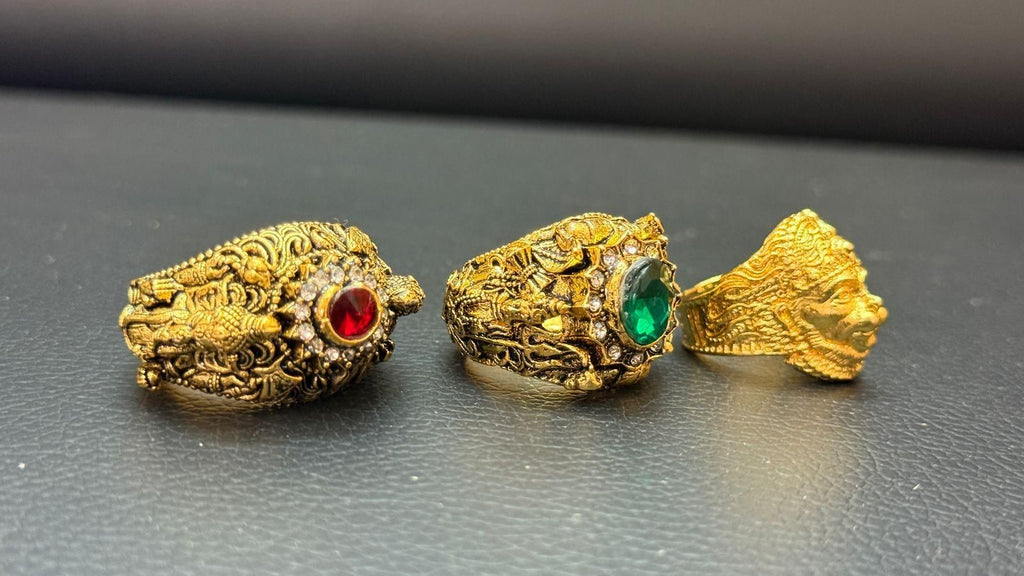 Religious Ring of Shivji Ganeshji & Hanumanji Combo of 3

Elevate your spiritual connection with our Religious Ring Combo featuring Shivji, Ganeshji, and Hanumanji. This set of three meticulously crafted rings serves as both devotional symbols and elegant accessories. Each deity's distinctive representation offers protection and blessings while complementing traditional and contemporary attire. Perfect for daily wear or special religious occasions.