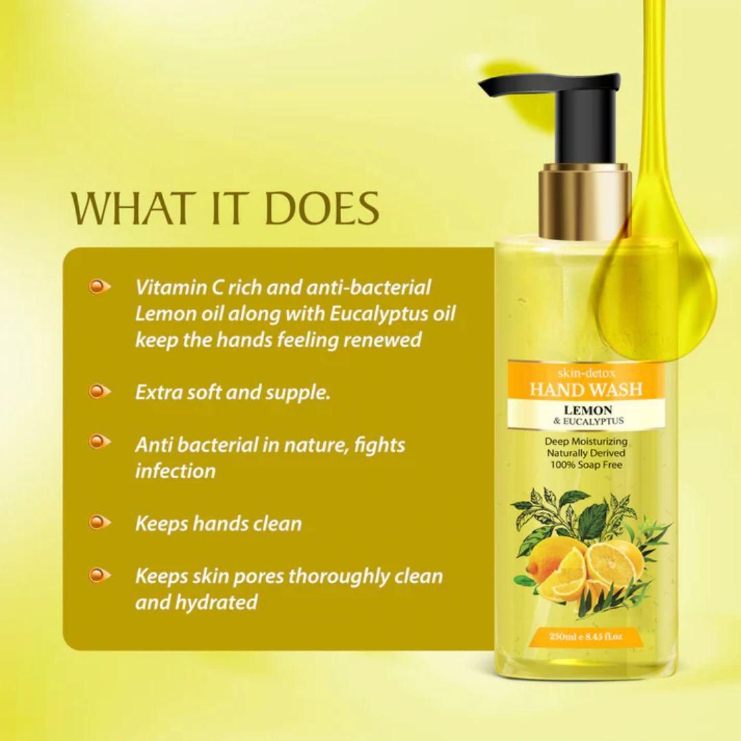 Our Skin-Detox Hand Wash with Lemon and Eucalyptus offers a thorough cleanse that removes dirt and bacteria while maintaining skin’s natural moisture. The 250 ml bottle delivers a refreshing blend that invigorates and soothes hands, making it ideal for frequent use. Benefit from the BUY 1 GET 1 FREE offer to ensure continuous hand hygiene with a product designed for both effectiveness and care.