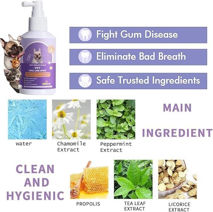Clinically formulated oral care spray for pets that eliminates the need for brushing. This convenient pack of two 100ml bottles effectively reduces plaque, freshens breath, and promotes gum health. Simply spray directly into your pet's mouth daily for optimal dental hygiene without the struggle of traditional brushing methods.
