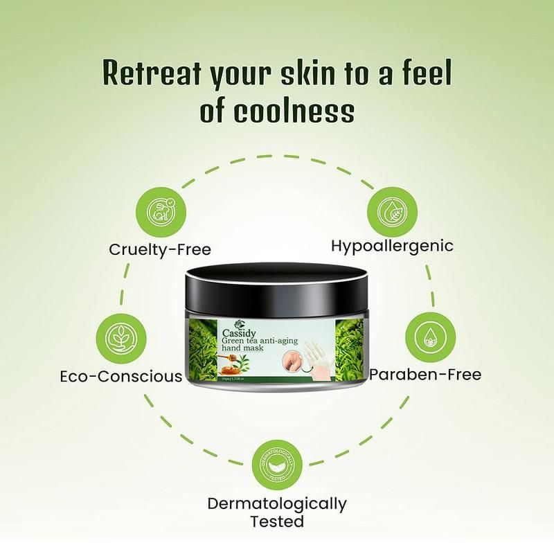 Revitalize aging hands with CASSIDY Green Tea Hand Mask, formulated with potent antioxidants to combat signs of aging. This professional-grade treatment penetrates deeply to hydrate, reduce fine lines, and restore elasticity. Each pack contains two 50gm masks, providing multiple applications for comprehensive hand rejuvenation. Regular use helps maintain youthful-looking hands while protecting against environmental damage.