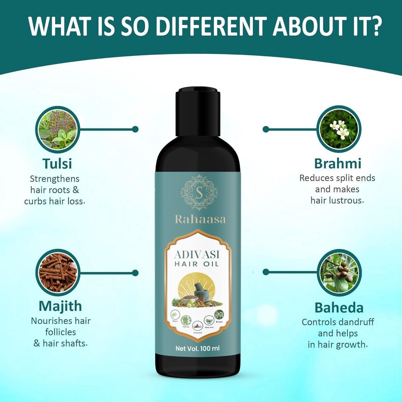 Formulated with traditional Adivasi wisdom, Rahaasa Hair Oil delivers comprehensive hair nourishment in a convenient 200 ml dual pack. This potent blend penetrates deeply to strengthen follicles, reduce breakage, and enhance natural shine. Regular application helps combat dryness while promoting healthier, more resilient hair growth.