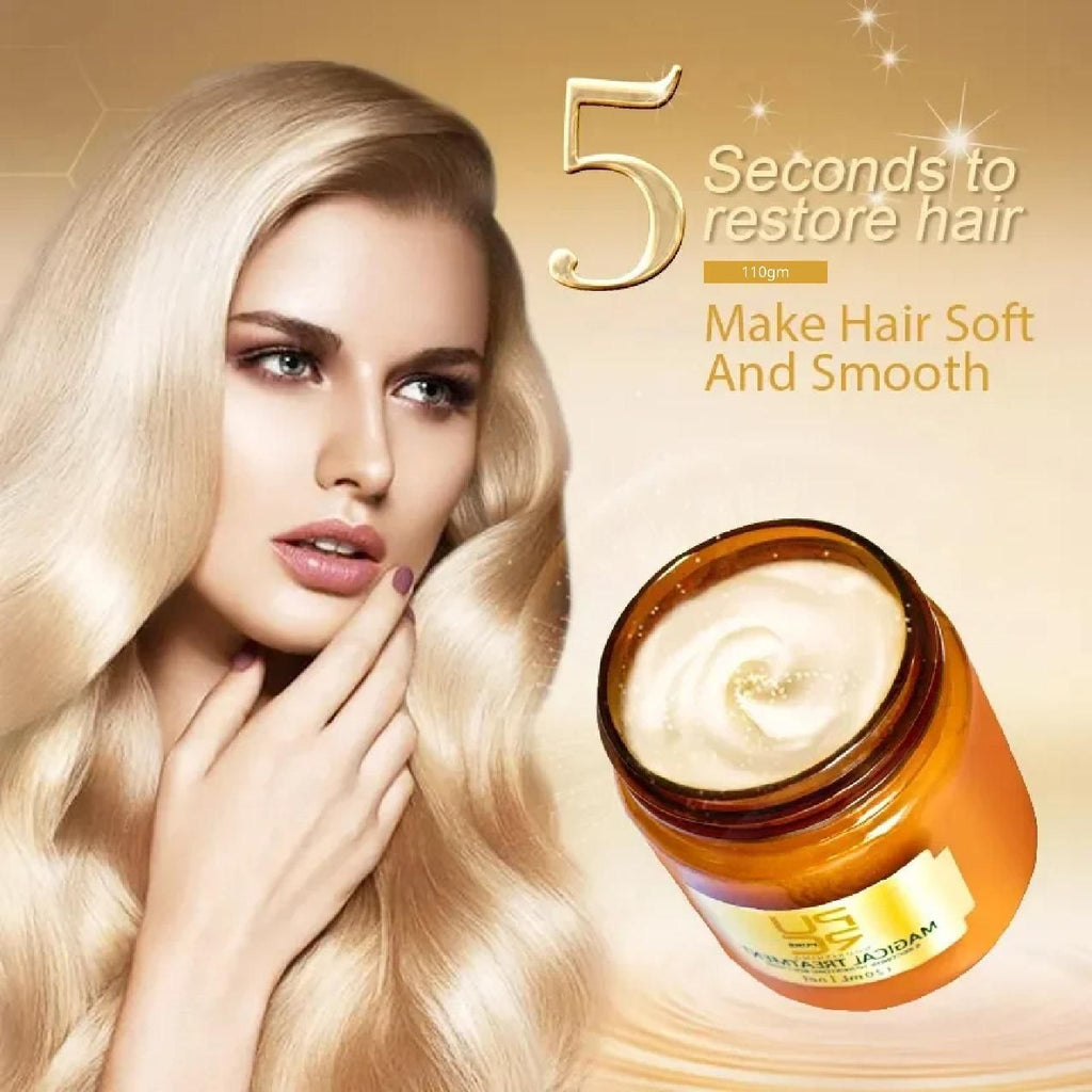 This professional-grade PURE MAGICAL TREATMENT delivers remarkable hair restoration in just 5 seconds. The specialized formula penetrates hair shafts to repair damage and restore natural softness. Each value pack contains two 110gm containers, providing sufficient product for multiple applications. The concentrated treatment addresses dryness, brittleness, and frizz while improving overall hair texture and manageability. Clinically formulated for optimal results across all hair types.