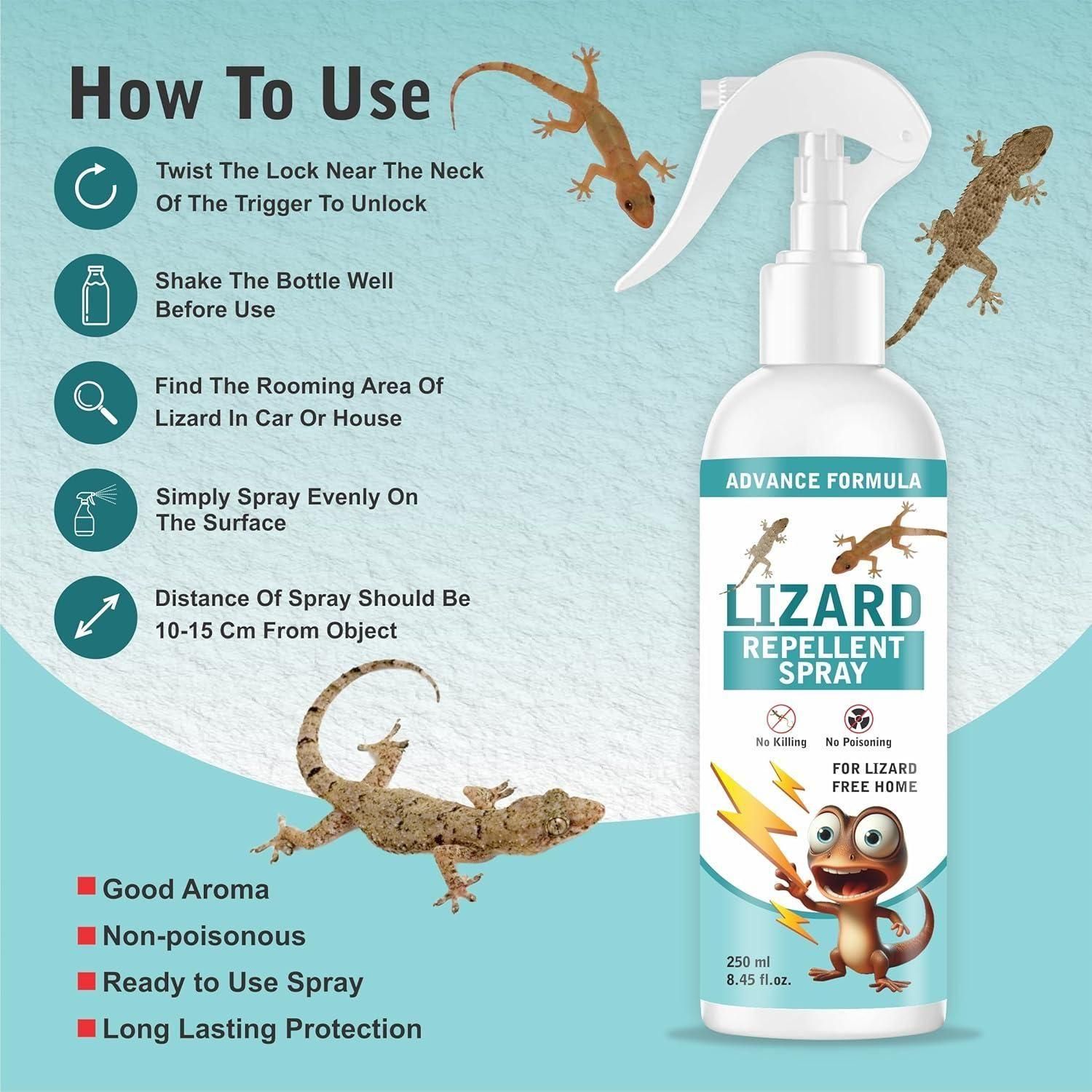 This professional-grade Lizard Repellent Spray delivers targeted pest control for residential environments. Each pack contains two 250ML bottles, providing extended coverage for comprehensive home protection. The specialized formula creates a barrier that deters lizards from entering treated areas while being safe for household use when applied as directed. Particularly effective in warm, humid environments where lizards typically congregate, this solution offers a scientific approach.