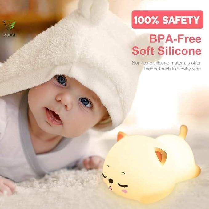 The Cute Cat Animal Silicone Baby Night Light combines safety and charm, featuring soft, BPA-free silicone that is gentle to touch and safe for infants. Its warm, adjustable LED light creates a calming atmosphere, perfect for easing babies into sleep. Designed with durability and ease of cleaning in mind, this night light is an ideal companion for nurseries, providing reliable, energy-efficient illumination throughout the night. Its playful cat shape adds a delightful aesthetic while promoting a comforting 