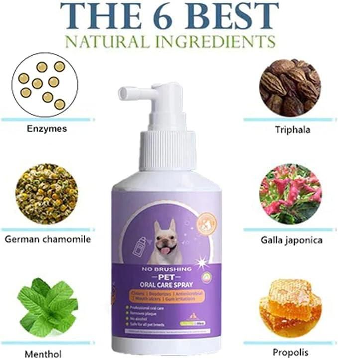 Clinically formulated oral care spray for pets that eliminates the need for brushing. This convenient pack of two 100ml bottles effectively reduces plaque, freshens breath, and promotes gum health. Simply spray directly into your pet's mouth daily for optimal dental hygiene without the struggle of traditional brushing methods.