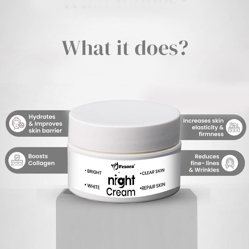 Fezora Brightening Night Comfort Cream - 50 gm (Pack of 2)
Fezora Brightening Night Comfort Cream delivers advanced skin rejuvenation while you sleep. This professional-grade formula works overnight to enhance skin luminosity and reduce dullness. Each pack contains two 50 gm jars, providing an extended supply of this dermatologically tested treatment. Regular application helps maintain optimal moisture balance and promotes a more radiant complexion.